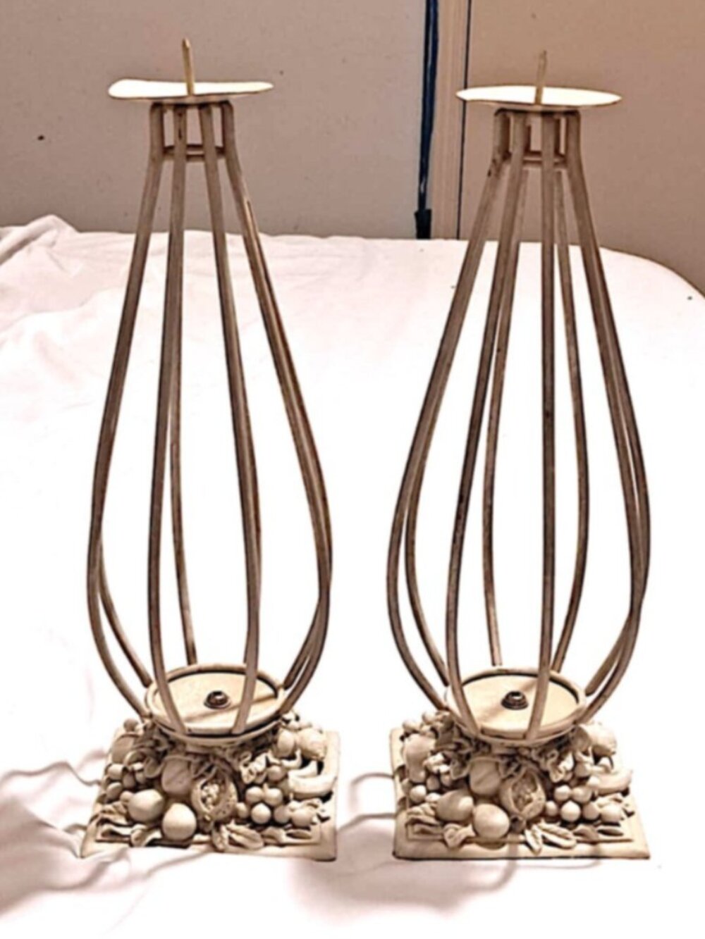 Pair Vintage Metal Wire Candle Holders 13.5” Tall White Fruit Base Decor